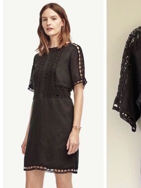 Ann Taylor sz Medium black linen midi dress cotton lined crochet short sleeve